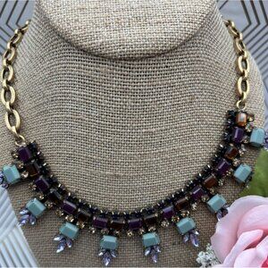 J.Crew Gold Tone, Blue, Purple & Amber Color Collar Crystal  Statement Necklace